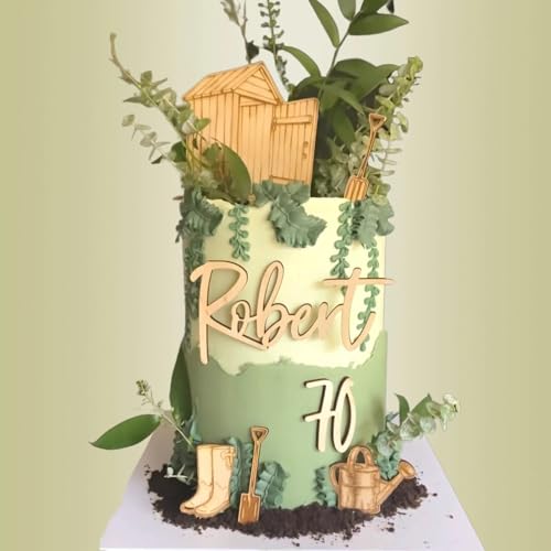 Gardening Theme Cake Topper, Spade Shed Watering Can Wellington Boots Gardening Tool Cupcake Decorations for Retirement Golden Birthday,Men Women Happy Birthday Party Decorations