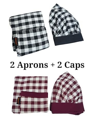 Image of Switchon Checkered Cotton Kitchen Cooking Apron with Chef Hat - Pack of 2 | Multi-Purpose Chef & Waiter Apron for Men & Women | Home, Hotels, Restaurants & Cafes | Proudly Made in India