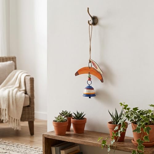 Image of Aakriti Art Creations Rabbit Wind Chime with Metal Bell | Modern Art Handmade Wooden & Metal Wind Chime in Orange | Matte Decorative Wind Chimes for Balcony, Garden & Home, Living Room & Gifting