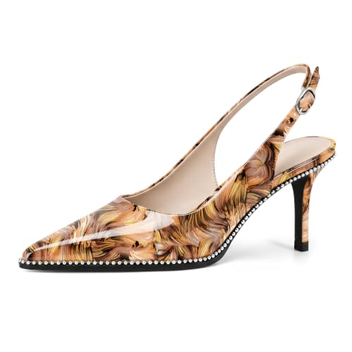 Image of YODEKS Slingback Heels for Women Pointy Toe Beaded Heels Close Toe Kitten Heel Pumps 2.5 Inch Stiletto Pumps Wedding Party Dressy Shoes