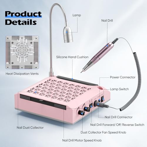 Taladro de uñas eléctrico profesional para manicura sin polvo con extractor de 80W integrado 3