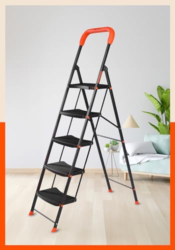 Bathla 5 Step Ascend Steel Ladder for Home Use | Large Platform (36 x 20.5 cm) | Wide Anti-Skid Steps | Safety Hand Grip | Heavy Duty Foldable | 120 kg Capacity | 2-Year Warranty | Orange & Black