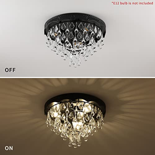 Pasoar Modern Black Crystal Chandelier 15.7 Inch Wide Modern Crystal Chandelier E12 Bulb (Bulb Not Included) 4 Light Dining Room Living Room Kitchen Island Bedroom Ceiling Lighting Fixture #TOP6