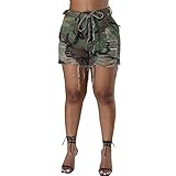 Women Camouflage Destroyed Waist Jean Shorts with Pockets Frayed Ripped Holes Cute Sexy Hot Mini Denim Shorts