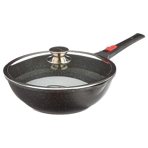 Kamberg 0008056 Wok 28 cm, manico rimovibile, ghisa di alluminio, rivestimento in pietra, coperchio in vetro, adatta a fuoco e induzione, senza PFOA