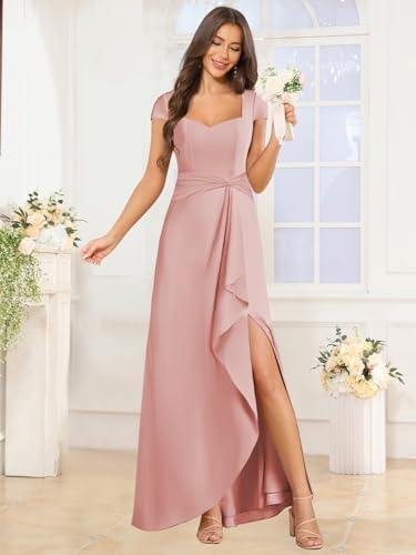 Long Chiffon Bridesmaid Dresses with Sleeves Floral Ruffle Formal Evening Gown with Slit3