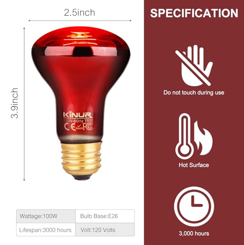 KINUR 75W Reptile Heat Lamp, E26 Bulb-Infrared Heat Emitter Red Heat Lamp for Reptile Amphibian, Infrared Basking Spot Light Bulb for Bearded Dragon,Turtle,Lizard,Snake,Gecko,Chick,Red,2 Pack — view 3