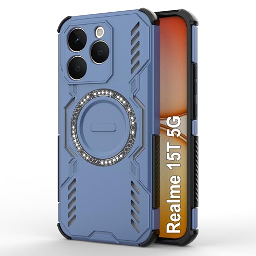 Image of amazon basics Back Case Cover for Realme 15T 5G | Magnetic Case with Built-in Metal Ring | Supports MagSafe Charger, Wallet & Car Mount | Shockproof Hybrid PC + TPU | Blue