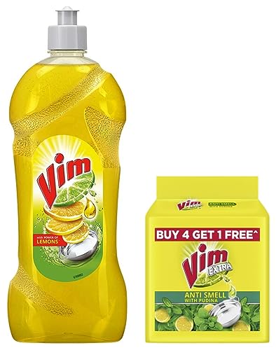 Image of Vim Dishwash Liquid Gel Lemon, With Lemon Fragrance, Leaves No Residue, Grease Cleaner For All Utensils, 750 ml Bottle & Vim Antismell with Pudina Buy 4 get 1, Pack of 5
