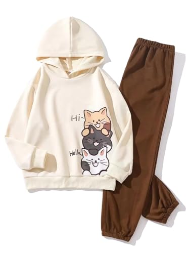 Dowadert Tween Girls Clothing 2 Piece Outfit Girl Cartoon Graphic Hoodie and Sweatpants Pants Fall Winter Casual Clothing Set(9Y)