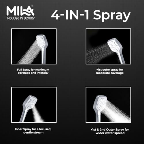 Image of Mila Vista 4-Function Hand Shower | Inner, 1st Outer, 1st & 2nd outer Spray & Full Spray Modes | Chrome Finish | Modern Design | Includes 1.5m Hose, Bracket & Installation Kit (96x92mm)