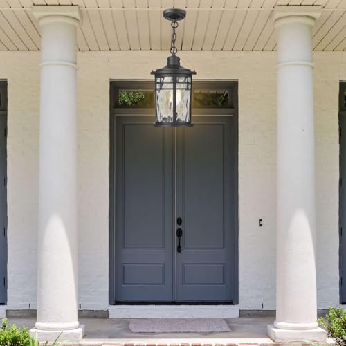 Image of Darkaway Large Outdoor Pendant Lights for Porch, 15inch Outdoor Chandelier Hanging Porch Lights Outside Ceiling Mount Aluminum with Water Ripple Glass for Front Porch Gazebo Patio