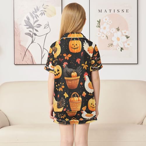 Satin Pajama Sets Short Sleeve Autumn Chickens and Pumpkins Pattern Button Down Silky Nightwear 2 Piece PJS 5-14Y4