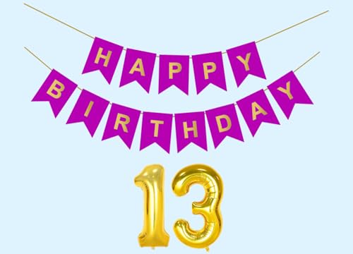 Image of 13th Happy Birthday Decoration Kit Purple for 13 year Old Boys Girls Teenage with Number Thirteen Party Decorations Decor Celebration Items Item Set Combo Reusable Paper Banner