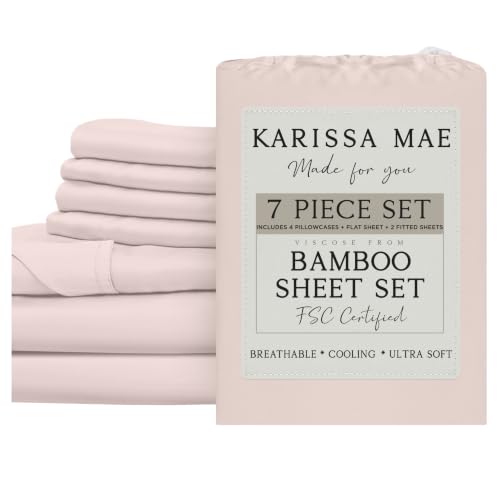 Image of KARISSA MAE 7 Piece Luxury Bamboo Viscose Split King Sheets, FSC Certified | Includes 2 Twin XL Fitted Sheets | Sleep Number & Adjustable Bed | Cooling | 18 inch Deep Pocket | 4 Pillowcases [Pink Peony]