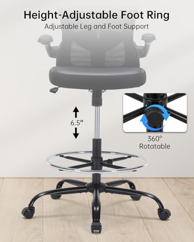 Image of Drafting Chair Tall Office Chair with Flip-up Arms Adjustable Height Standing Desk Chair with Lumbar Support and Footrest Ring Ergonomic Executive Computer Chair Swivel Drafting Stool for Work /Drawing