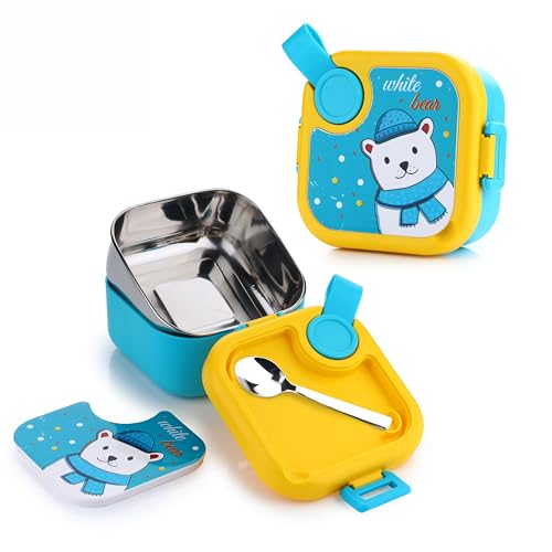 Image of Homeor Stainless Steel Box with Spoon, Tiffin Box for Kids, Airtight BPA Free & Leakproof Lunch Box, Steel Box for School Girls and Boys, Snacks Tiffin for Kids, 500 ML, Blue