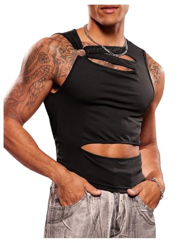 SHENHE Mens Sleeveless Asymmetrical Cutout Crop Tank Top Fitted Club Night Muscle Shirt Black Small