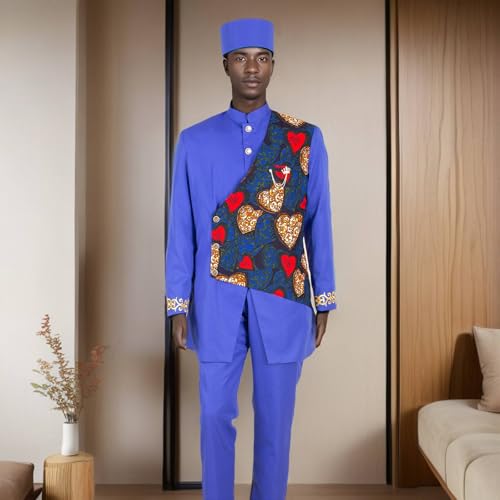 Men`s Suit Embroidery Double Breasted Print Blazer Trousers and Hat Set Formal Outfits African Clothes Wedding3