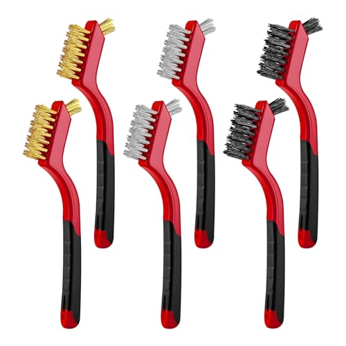 HQRNYP 6 PCS Wire Brush Set, Car Cleaning Kit, Nylon/Brass/Stainless Steel Bristles with Curved Handle Grip, Car Accessories Wash Kit for Cleaning Welding Slag, Rust and Paint Scrubbing (6PCS)