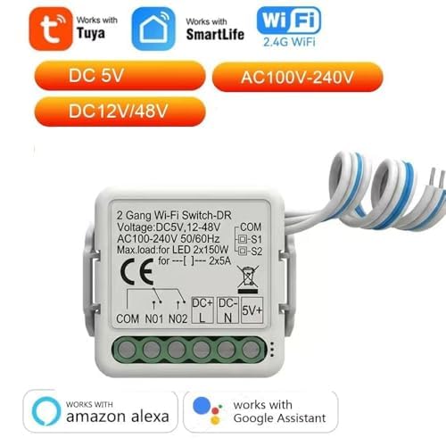 Yueyang Mini interruttore WiFi intelligente a 2 canali, modulo relè, DC 5 V/12-48 V, AC 100-240 V, compatibile con Alexa e Google Home, Tuya App (4)