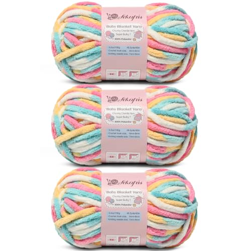 Image of 10.58 oz /147.6 yds Chunky Chenille Yarn for Crocheting, #7 Super Bulky Baby Blanket Yarn for Crocheting Soft, Fluffy Velvet Yarn for Knitting, Amigurumi Crochet Yarn for Crafts (3 Candy)