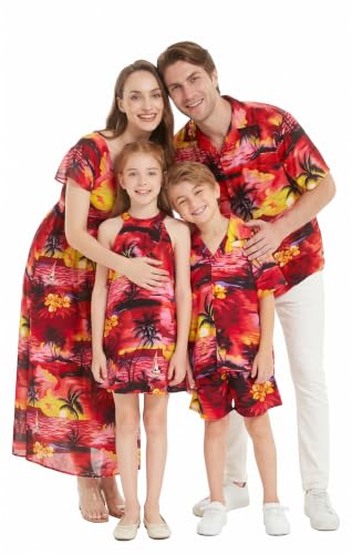 Image of Hawaii Hangover Family Matching Hawaiian Clothes, Sunset Red | Family matching Hawaiian outfits, Sunset Red, lightweight rayon, machine washable, tropical floral print, luaus, cruises