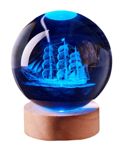 WBCRYS3D Lampada a sfera di cristallo 3D a forma di barca, con telecomando, lampada notturna a forma di barca a vela con base in legno, 16 colori che cambiano, giocattolo regalo per ragazze, ragazzi