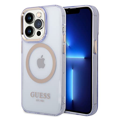 CG MOBILE Guess Compatible avec la Coque Magsafe, Contour doré translucide, dernier Design Brillant, Anti-Rayures, résistant aux dommages, iPhone 14 Pro (Violet)