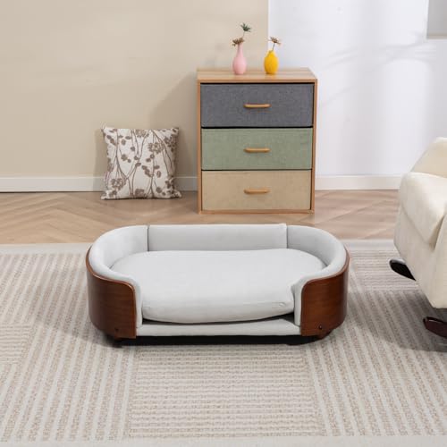 Geelife Scandinavian Style Elevated Dog Bed Pet Sofa with Solid Wood Legs and Walnut Bent Wood Back, Velvet Light Gray