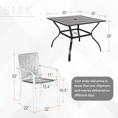 Image of Anmutig 5-Piece Outdoor Dining Set, 35 inch Square Table with 1.57 inch Umbrella Hole, 4 Stackable Chairs, Black Steel Frame Beige White Fabric