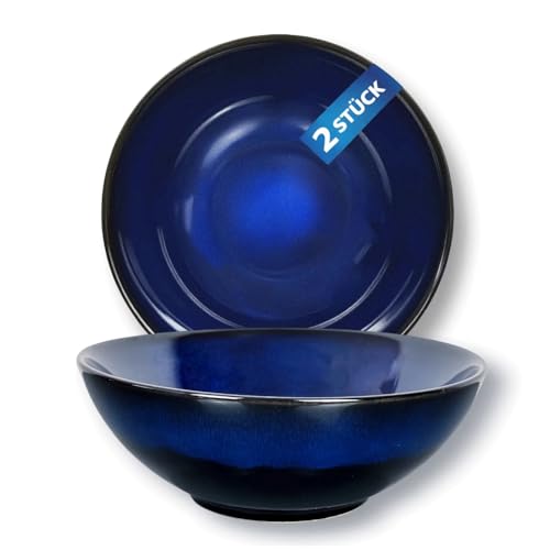 Urban Lifestyle Lot de 2 Bols Ramen Yuna, Grand bol céramique 1000 ml Ø 20 cm, Bol ramen japonais, bol à soupe, saladier individuel, intérieur bleu émaillage réactif, extérieur noir mat