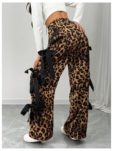 Floerns Women's Cheetah Cute Tie Bow Y2k Pants Elastic Waist Wide Leg Pants2
