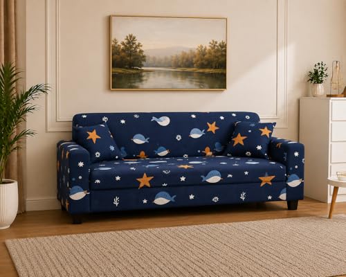 Image of Universal 3 Seater Sofa Cover Fully Covered Stretchable Spandex Non-Slip Elastic Slipcover | Soft Washable Fabric Sofa Protector for Living Room Furniture (Navy Ocean Print)