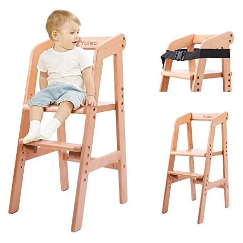 YOLEO High Chair Wooden for Toddlers Junior Childs, Sturdy Durable Dining Feeding Chair That Grows with Your Child with Steps, 1-12 Years Old Max 60kg (Natural Color) Cover