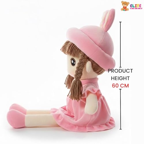 Image of ELITE CREATIONS Plush Doll with Bunny Hat, Pink Dress and Braided Hair, Stuffed Toy for Kids- Gift Toy for Girls and Babies