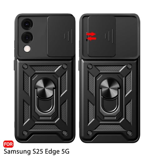 Image of TheGiftKart Tough Armor Bumper Back Cover Case for Samsung Galaxy S25 Edge 5G | Sliding Camera Cover, Kickstand & Ring Holder | 360 Protection Back Cover Case for Samsung S25 Edge (PC & TPU, Black)