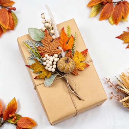 Image of 16 Inch 6Pcs Fall Picks Pumpkin Maple Leaf for Table Centerpiece | Artificial Fall Stems with Lamb's Ear Thanksgiving Centerpieces, Vase Filler, Floral Arrangements & Autumn Home Decor