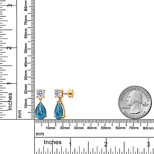 Gem Stone King 18K Yellow Gold Plated Silver London Blue Topaz and White Topaz Teardrop Dangle Drop Earrings For Women (8.50 Cttw, Gemstone Birthstone, Pear Shape 12x8MM, Round 6MM) - Thumbnail 3