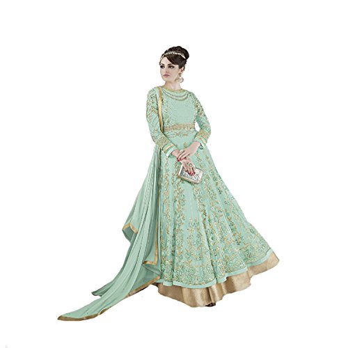 Robe Anarkali bleue avec broderie ethnique longue de taille 34 à 44