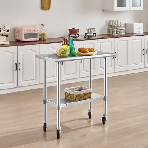 Image of ROCKPOINT Stainless Steel Table for Prep & Work with Caster Wheels 18x36 Inches, NSF Metal Commercial Kitchen Heavy Duty Table with Adjustable Under Shelf and Table Foot for Restaurant, Home and Hotel
