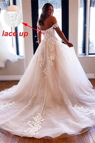 A-line Off Shoulder V Neck Wedding Dresses for Bride Plus Size Lace Appliques Tulle Bridal Gowns3