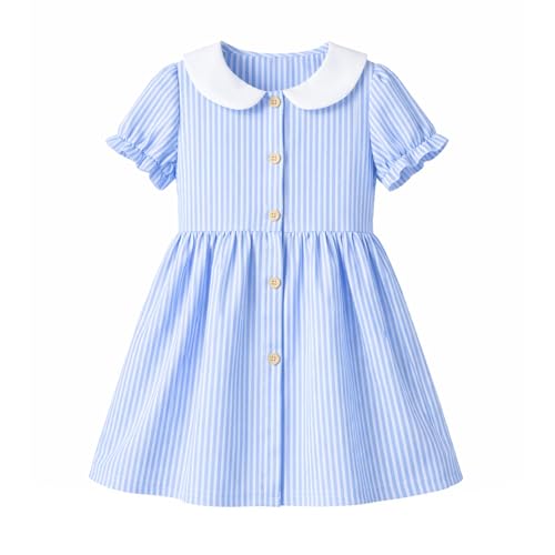 HILEELANG Girls Cotton Striped Dress Peter Pan Collar Short Sleeve Summer Casual Dress for Toddler Little Girls 2-7 Years Blue