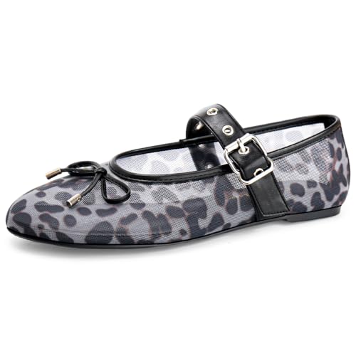 Image of Gothictor Women's Mesh Ballet Flats Round Toe Leopard Mary Jane Shoes Women | Cushioned Comfort, Easy to Style, Buckle Strap, Cheetah Print, Ballerina, Breathable, Wide Width, Non-Slip, Dressy Casual