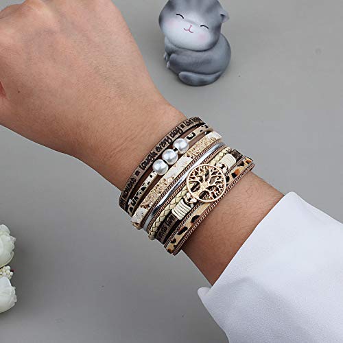 Fancy Shiny Tree Of Life Leather Wrap Bracelet Inspirational Cuff Bangles Boho Pearl Bracelets With Clasp Unique Jewelry Gifts For Women Teen Girls(Beige Cheetah) #TOP6