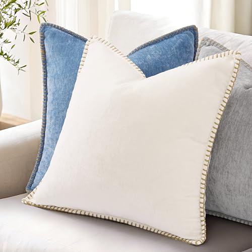 Image of decorUhome Fall Chenille Soft Cozy Throw Pillow Covers 18x18 Set of 2, Modern Farmhouse Boho Velvet Decorative Pillow Cases with Stitched Edge for Couch Sofa Bed Home Decor, Blue