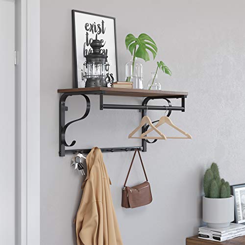 VASAGLE Industrial Coat Rack Shelf Wall Mounted, Hook Rack Shelf with Hanging Rail, 5 Metal Hooks and Upper Shelf for Storage Hallway Entryway Bathroom Bedroom Living Room ULCR11BX by VASAGLE - Image 3