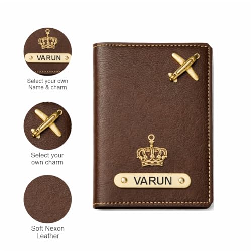 Image of Customized Couple Passport Cover Gift Set 2 Pcs | Personalized Leather Passport Covers with Name & Charm| Anniversary, Valentine, Birthday and Travel Gift (Brown)