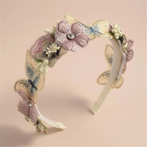 DANRENPANG Diadema de flores de mariposa hecha a mano para niñas, color rosa, de malla simulada, para mujeres, niñas y niños, diademas de boda y accesorios para el cabello (1, 11 cm + 13,5 cm)