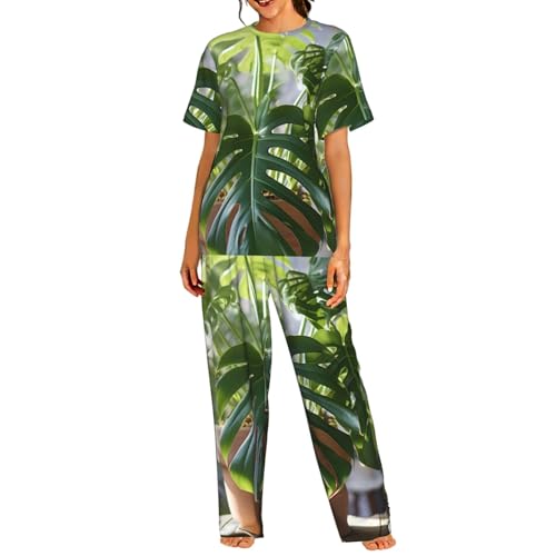Pyjama manches courtes femme Monstera vêtement de nuit fluide imprimé palmier haut de gamme